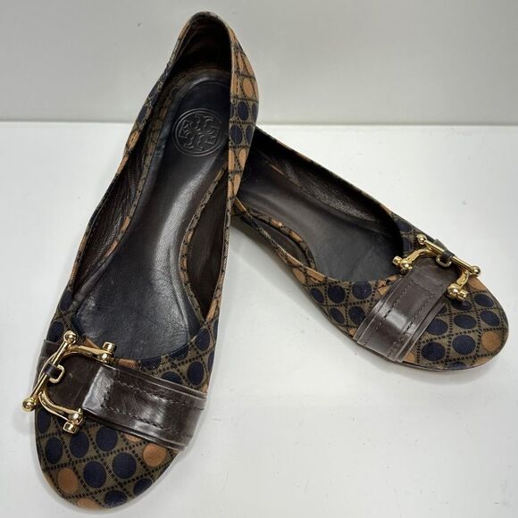 Tory Burch Flats Size 6 Brown/Navy RARE Gold Hardware Noel Casual Shoes - Picture 5 of 9